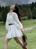 Fashionkova  Elegant Hollow-out White Dresses For Women Simmer New Lantern Sleeve With Belt Mini Dress French Style Shirt Vestidos 2023