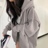 Fashionkova  Women Hoodies Harajuku Korean Version Loose Oversized Sweatshirts Vintage Solid Color Long Sleeve Hooded Sweatshirt Zipper Coats