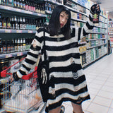 Fashionkova  Gothic Sweater Women Knitted Grunge Striped Pullovers Punk Hollow Out Loose Jumper Goth Alternative Clothing Emo Y2k Top