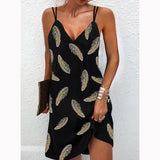 Fashionkova  2022 Summer V Neck Straps Dress Women Sexy Sleeveless Feather Printed Mini Sling Dress Female Casual Loose Party Beach Dresses