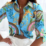 Fashionkova  Office Elegant Pattern Print Blouse Spring Women Casual Long Sleeve Loose Shirt Straight Fall Fashion Lapel Single-Breasted Tops