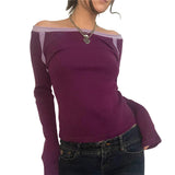 FashionKova - Contrast Color Off Shoulder Long Sleeve Tee