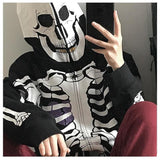 Fashionkova  Y2K Gothic Zip Up Hoodies Women Punk Oversized Skull Skeleton Print Sweatshirts Black Hip Hop Loose Tops Jacket Grunge