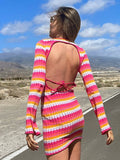 Fashionkova  2022 Summer Y2K Knit Women Beach Mini Dress Casual Bodycon Hollow Out Backless Long Sleeve Sexy Dresses Party Outfits