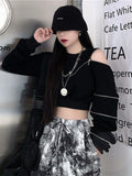 Fashionkova  Techwear Goth Cropped Hoodies Women Harajuku Off Shoulder Oversize Sweatshirts Black Zip Up Top Hip Hop Streetwear Punk