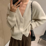 Fashionkova  Autumn Winter New Cashmere Cardigan Women V-Neck Korean Blouse With Loose Languid Sweater Solid Color Coat