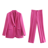 Fashionkova   Women Fashion Rose Red Blazer Jacket Single Button Long Sleeve Office Lady 2022 Spring Autumn Casual Coat Streetwear