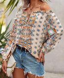 Fashionkova  2022 Boho Floral Print Ruffle Blouse Womens Summer Off Shoulder Blouse Long Sleeves Casual Elegant Chiffon Tops Shirts Blusas