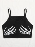 Fashionkova  Black Goth Skeleton Print Spaghetti Strap Crop Top Women Y2K Clothes Summer Harajuku Sexy V-Neck Skinny Tank Top Emo Tee Shirt