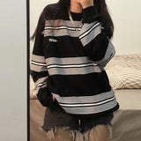 Fashionkova  Autumn Hoodies Stripe Thin Sweatshirt Streetwear Women Harajuku Oversized Pullovers Korean Fashion Cotton Long Sleeve Black Tops