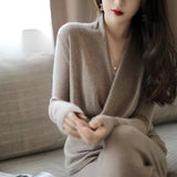 Fashionkova  Temperament Cross V Neck Pure Cashmere Knitwear Female Autumn Winter Languid Lazy 100 Match Sweater Loose Sweater Blouse