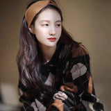 Fashionkova  Rhomboid Knitted Patchwork Colored Thickened Woolen Sweater For Women's Autumn/Winter Round Neck Loose Cashmere Sweater