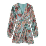 Fashionkova  2022 Summer Women Elegant With Print Hollow Out Mini Dress New Pleated Full Sleeves Tied V-Neck Back Zippers Vintage Vestidos