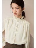 Fashionkova Stand Collar Women Elegant Solid Long Sleeve Shirts Wood Ear Side Neckline Design Autumn Blouses Female Polyester Shirt