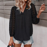 Fashionkova  White Tops And Blouses For Women Casual Polka Dot 2022 Spring Autumn Chiffon Tunic Blusas Solid V Neck Puff Long Sleeve Clothes