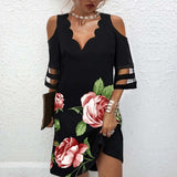Fashionkova  2022 Elegant V Neck Dress Women Summer Off Shoulderlace Mesh Patchwork Mini Dress Female Loose Floral Print Beach Short Dress