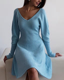 Fashionkova  2022 Winter Knitted Long Sleeve Dresses Women Soft Lazy V-Neck Sweater Sexy Pit Streaks Flexible Ladies Vestidos Clothes