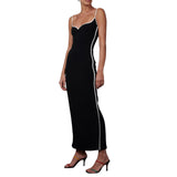 Fashionkova Women Sleeveless Strap Long Dress Black Patchwork V-neck Low Cut Slim Summer Party Back Split Dresses Female Vestidos