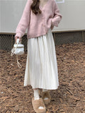 Fashionkova Korean Elegant Long Pleated Skirt Women Autumn Winter 2024 Fashion Elastic Waist Solid Loose A-line Midi Skirt Casual