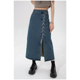 Fashionkova  2022 Summer Vintage Blue Women Denim Skirt Streetwear American Y2k Style Casual High Waist Bandage Ladies Mid Length Jeans Skirt