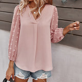 Fashionkova  White Tops And Blouses For Women Casual Polka Dot 2022 Spring Autumn Chiffon Tunic Blusas Solid V Neck Puff Long Sleeve Clothes