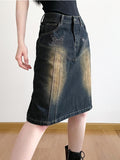 Fashionkova Y2k Streetwear Jeans Skirt Women Vintage Low Waist Knee-Length Distressed Butterfly Diamond Denim Skirt Autumn Gyaru