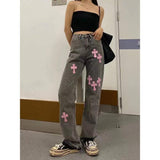 Fashionkova  Y2K Korean Streetwear Hip Hop Cross Straight Baggy Grunge Jeans For Women Denim Pants Wide Leg Oversized Alt Trousers Clothes