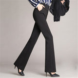 Fashionkova  Women Suit Pants Solid Long Trousers Plus Size High Waist Zipper Fly Button Casual Office Lady Navy Blue Boot Cut Pants