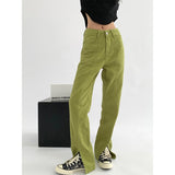 Fashionkova  Green Woman Jeans High Waist Denim Trouser Baggy Streetwear Design Ladies Vintage Wide Leg Straight Summer Loose Slit Jean Pants