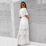 Fashionkova   Embroidery Lace Hollow Out Maxi Dress For Women 2022 Summer Beach Vacation V Neck Elegant Pink Black White Long Dresses Vestido