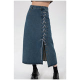 Fashionkova  2022 Summer Vintage Blue Women Denim Skirt Streetwear American Y2k Style Casual High Waist Bandage Ladies Mid Length Jeans Skirt