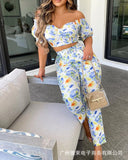 Fashionkova  Summer Solid Color Ruched Women Top + Floral Print Pants Set With Belt 2024 Femme Casual Outfits Women 2 Pieces Overalls