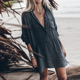 Fashionkova  Casual Women Loose Shirt Dress Autumn Turn-Down Collar Knee-Length Dresses Ladies Long Sleeve Button Sundress Vestidos