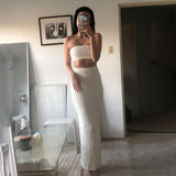 Fashionkova  2022 Summer Women 2 Piece Set Sexy Tube Crop Top Midi Skirt Y2K Dress Set Party Club Co-Ord Sets Holiday Beach Outfits
