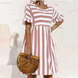 Fashionkova  Women's Elegant Striped Dresses Summer Ruffle Sleeve Loose Patchwork Dress Female High Waist Casual Beach Party Dresses Vestidos