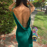 Fashionkova  2022 Summer Backless Chain Satin Maxi Dress Women Sexy Elegant Strap Sleeveless Green Y2K Off Shoulder Bodycon Dresses