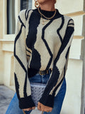 Fashionkova  Black Beige Patchwork Knit Colorblock Strips Long Sleeves O Neck Loose Fitting Autumn Winter 2022 Women Pullover Sweater