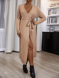 Fashionkova  Khaki Brown Tan V Neck Wrap Over Belt Waist Side Split Knit Pullover Sexy Women Autumn Winter Elastic Long Sweater Dress