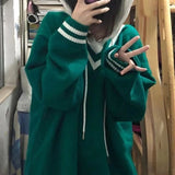 Fashionkova  Korean Fashion Green Sweater Women Japanese Style Solid Oversized Knit Jumper Preppy V-Neck Long Sleeve Pullover Female