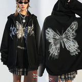 Fashionkova  Women Hip Hop Streetwear Hoodies 2022 Autumn Butterfly Print Oversized Hooded Coat Goth Harajuku Y2k Grunge Punk Zipper Jacket