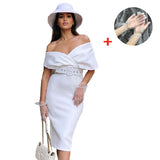 Fashionkova   White Dress Elegant Women V-Neck Evening Party Bodycon Midi Dress With A Belt Summer Off Shoulder Birthday Prom Tight Dresses