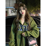 Fashionkova Green Women Sweatshirt Hoodie Coat Vintage Letter Jacket Long Sleeve Korean Fashion Casual Y2K Style Winter NEW Female Tops