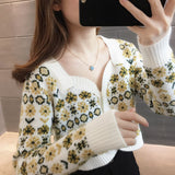 Fashionkova  Autumn Winter 2022 New Chic Vintage Flower Knitted Cardigan Female Hotsweet Square Short Long Sleeves Top Women Japanese Sweater