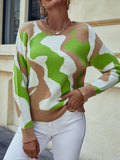 Fashionkova  Brown White Green Colors Wave Strips Patchwork Long Sleeves O Neck Knit Autumn Winter 2022 Women Pullover Sweater Tops