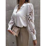 Fashionkova  Lace Blouse For Women Elegant Hollow Out Embroidery Flower Petal Sleeve Patchwork V Neck Shirt Femme Spring Autumn Blusas Tunic