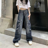 Fashionkova  Women Vintage Y2K Streetwear Baggy Cargo Jeans High Waisted Straight Wide Leg Pants Denim Trousers Fairy Grunge Alt Clothes