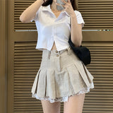 Fashionkova  Korean Fashion Khaki Short Skirt Lace Trim Cute Pleated Skirts Womens Preppy Style Button Up High Waist Summer Skirt