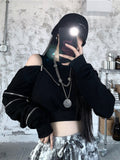 Fashionkova  Techwear Goth Cropped Hoodies Women Harajuku Off Shoulder Oversize Sweatshirts Black Zip Up Top Hip Hop Streetwear Punk