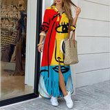 Fashionkova  2022 Women Graffiti Print Long Shirt Dresses Casual Turn-Down Collar Face Print Maxi Dress Ladies Autumn Long Sleeve Loose Dress