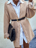 Fashionkova  Khaki Brown H Shape Knee Length Loose Open Cardigan Sweater Long Sleeves Cable Pattern Edge Knit Winter Clothing